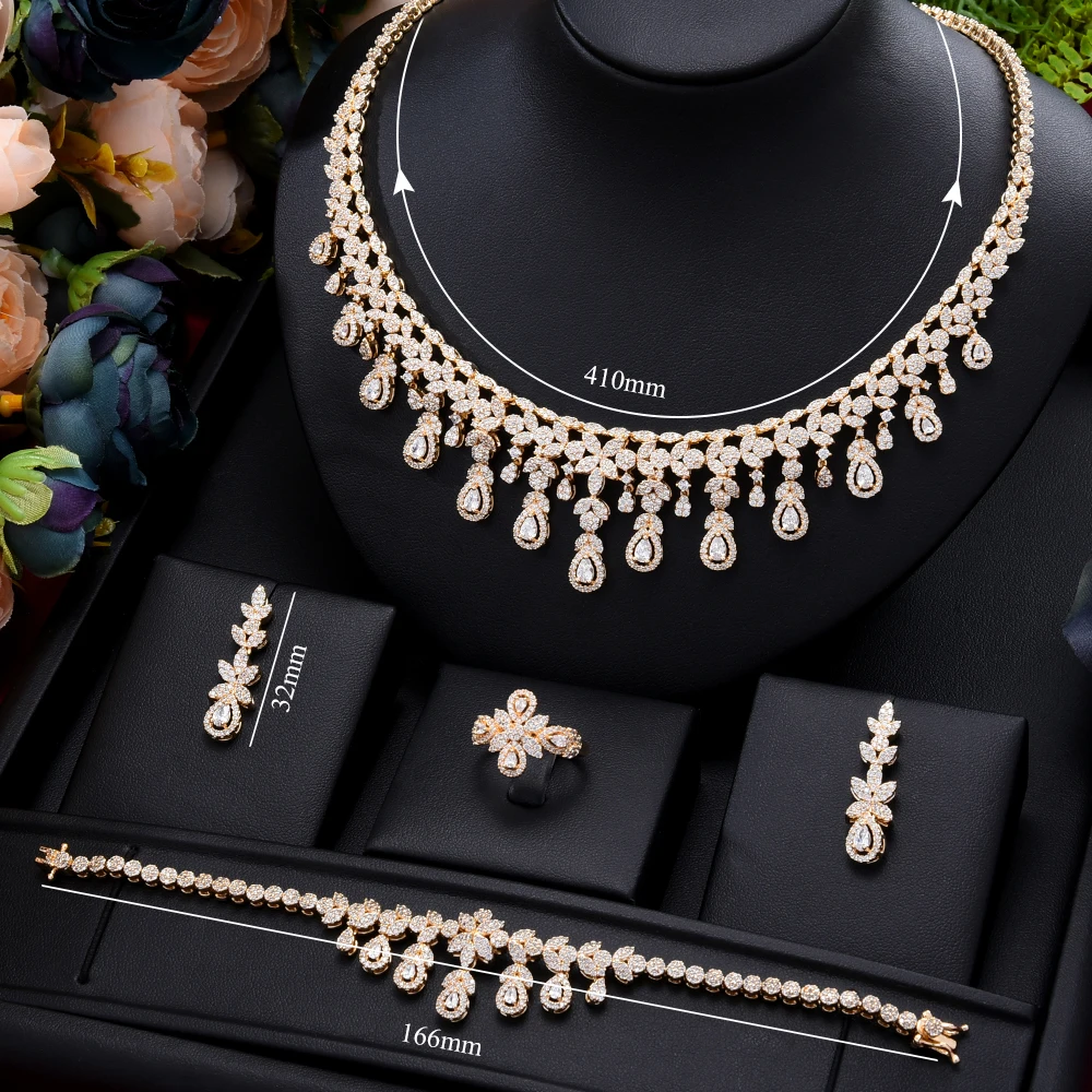 

Trendy 4PCS Luxury Waterdrop Statement Jewelry set For Women Wedding Cubic Zircon CZ African Dubai Bridal Jewelry dubai Style