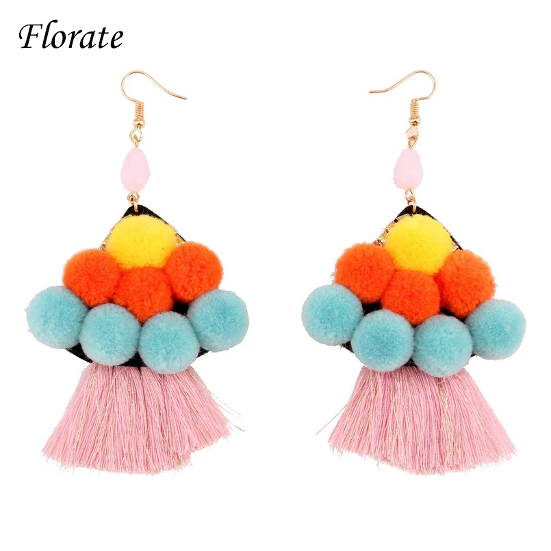 Florate Новый розовый кисточкой Красочные Pom Серьги для Для женщин ручной заявление