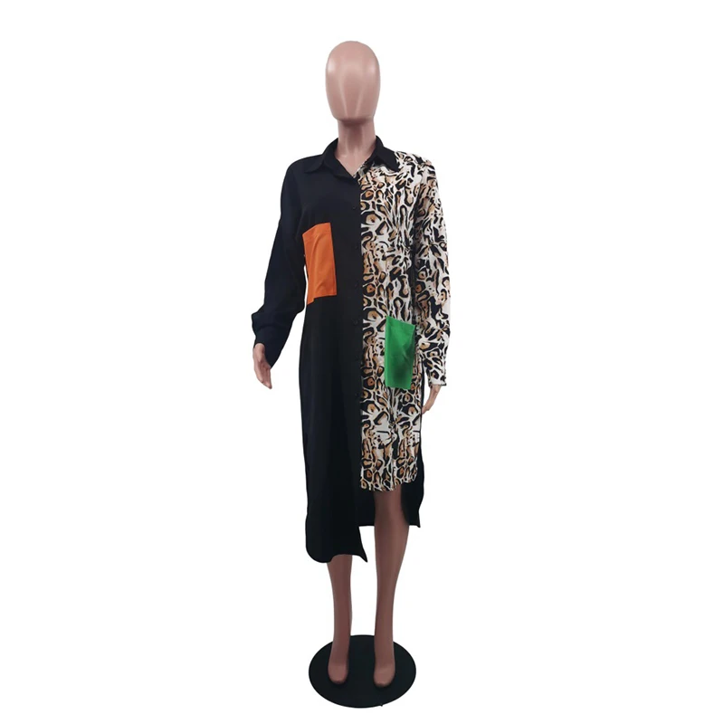 

Women Print Patchwork Irregular Long Dress Autumn Long Sleeve Loose Leopard Dress TurnDown Collar Single Breasted Pocket 2021