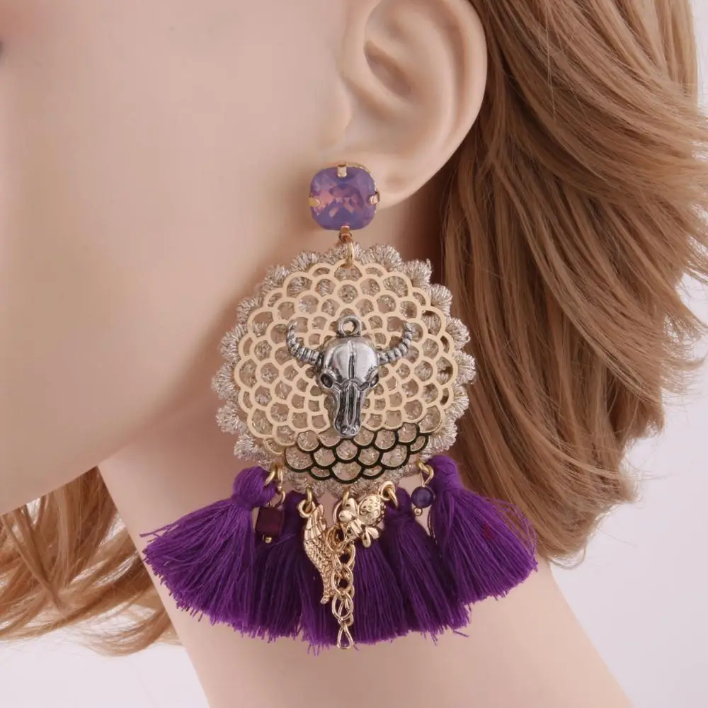 Zouchunfu, модные серьги в виде Головы Быка, Boho Oorbellen, серьги с кисточками, женские кружевные серьги, роскошные свадебные серьги, висячие серьги - Окраска металла: E0001-Purple