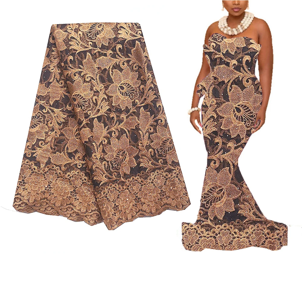 Золотая нигерийская кружевная вышитая сетка французская ткань 2023