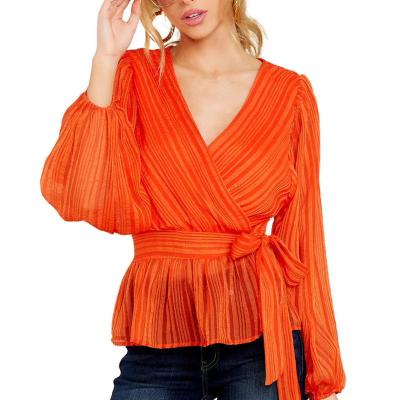 

Autumn Elegant Womens Long Sleeve Ruffles Chiffon Shirt Fashion Wild Sexy Print V-neck Lace Up Pullover Tops Solid Color Blouse