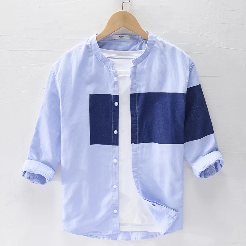 

Three-quarter sleeve linen and cotton summer shirt men brand fashion stand collar stitching shirts for men chemise overhemd