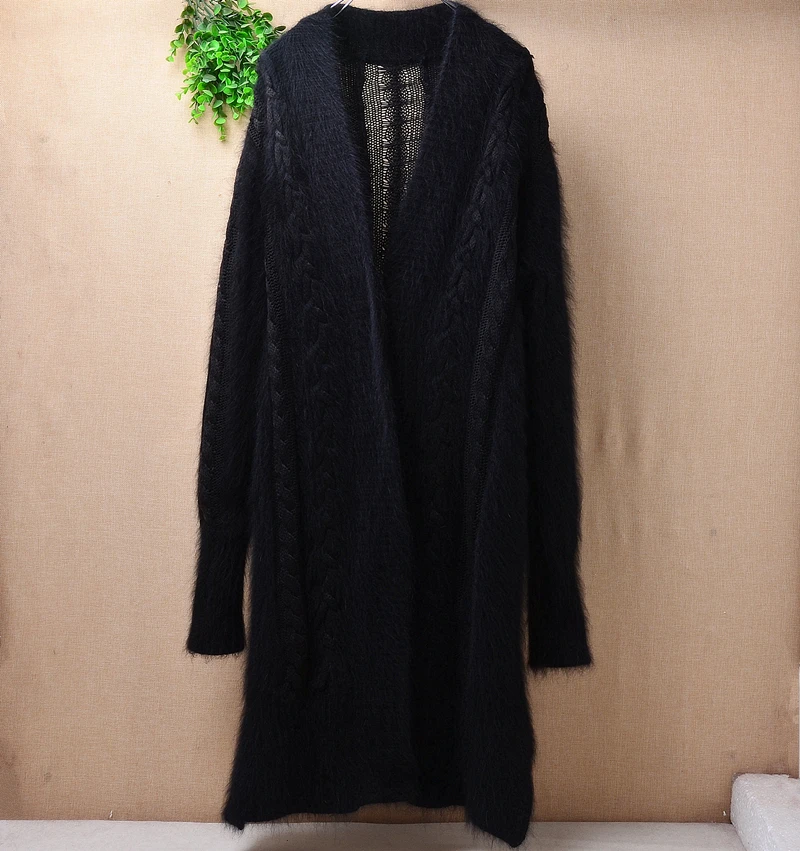 

Новинка весны, модное женское вязаное пальто, толстое пальто из кроличьего меха, удлиненный черный кардиган с узкими манжетами и узором, сви...