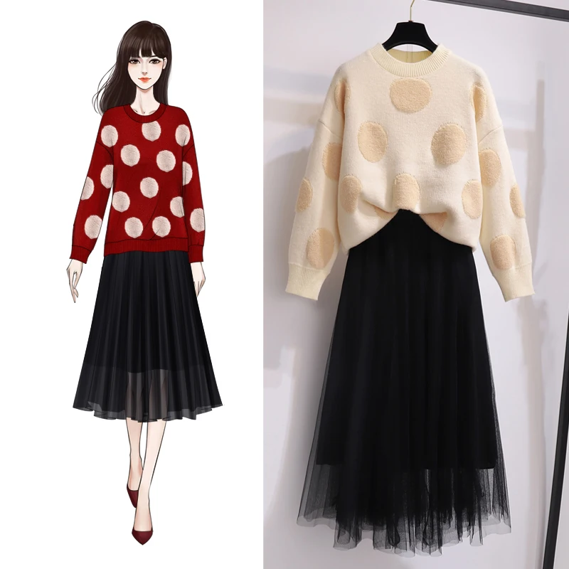 

Fall And Winter Women Loose Turtleneck Sweater Wave Point Skirts Of Female Net Yarn A Word Two-Piece Outfit Knitwear Pullover