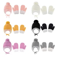 Cute Pompom Baby Hat Gloves Warm Winter Kids Girl Boy Bonnet Hat Crochet Solid Color Ear Protection 