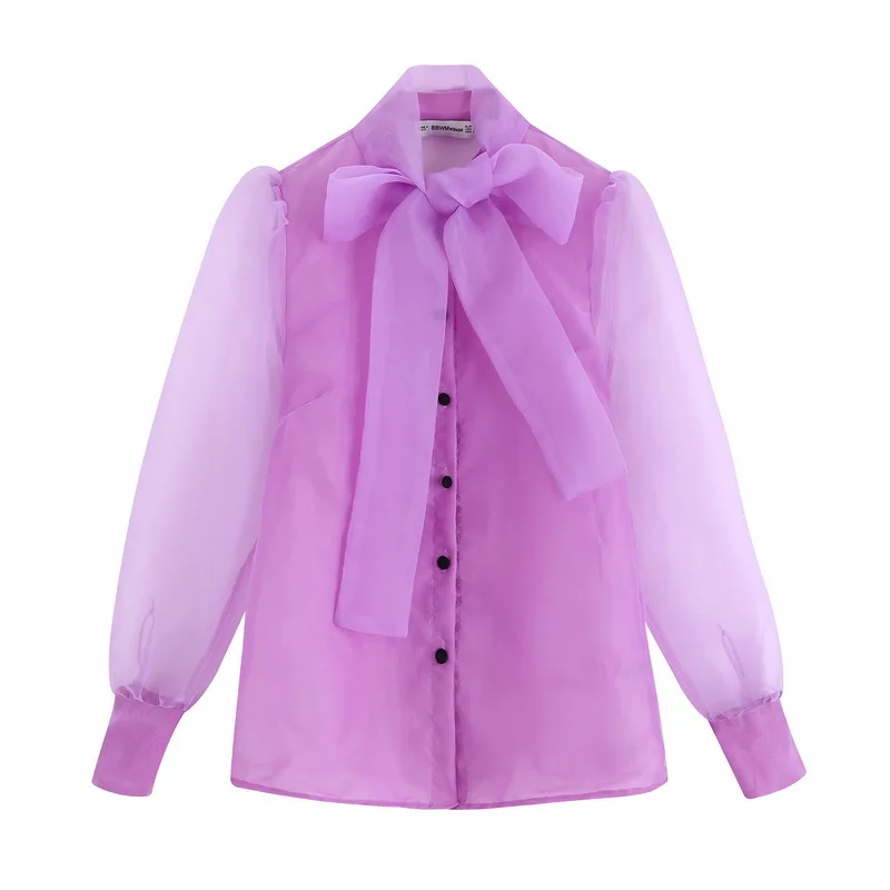 Прозрачная женская блузка Осень 2019 Новая мода фиолетовый органза лук воротник