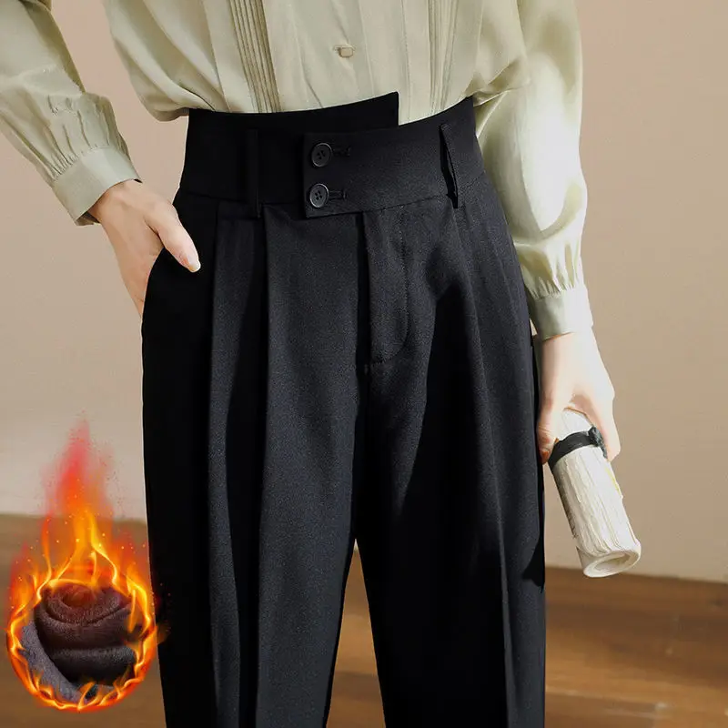 

High Waist Business Suit Pants Women Office Velvet Ankle Length Harem Pants Work Casual Winter Black Straight Pants Pantalones