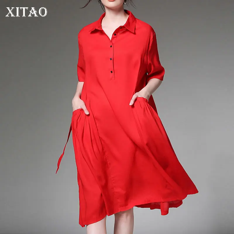

XITAO New Temperament Dress Fashion Simplicity Turn-down Collar Half Sleeve Loose Casual All-match Shirt Dress 2021 ZY6587