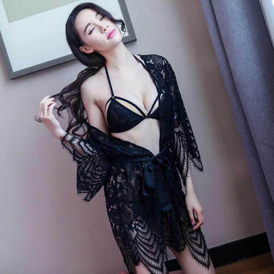 Lace Pajama Set Transparent Lingerie Women Night Gown Babydoll Robe Set Women hollow Femme Sleepwear sexy lingerie mini dress