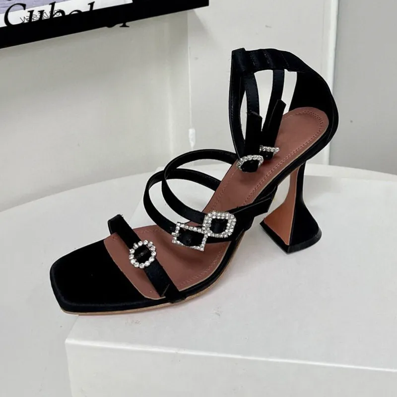 

Женские босоножки на высоком каблуке, черные вечерние соножки с ремешком и пряжкой, с кристаллами, на лето, 2022