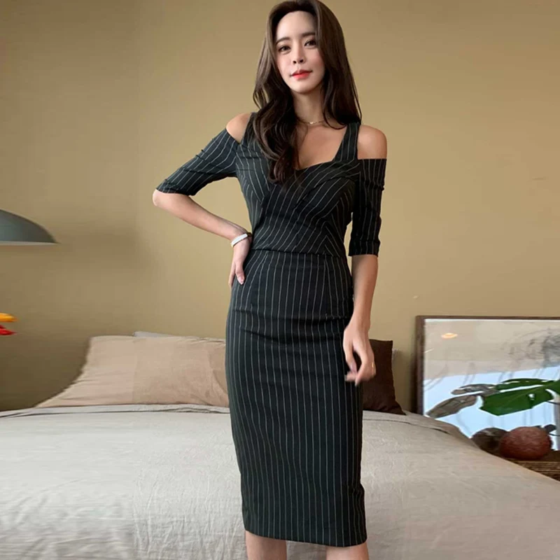 

Spring and Summer Korean Style of the Sexy V-neck Slim Package Hip Stripe Dress Female Off Shoulder Dresses Female Vestidos