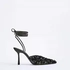 Женские босоножки с острым носком Za, элегантные туфли-лодочки на тонком каблуке с ремешком на щиколотке, вечерние туфли со шнуровкой, блестящие мюли