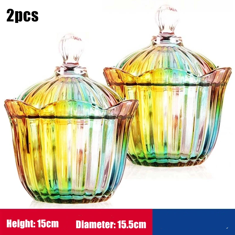 

2pcs Rainbow Crystal Glass Storage Jar Lids Candy Jar Organizer Glass Container Jewelry Box Storage Interior Tabletop Decoration