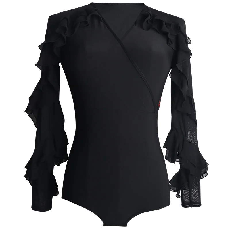 

2020 New Latin Dance Tops For Women Long-Sleeved Shirt V-Neck Stretch Modern Practice Clothes Latin Performance Dance Costumes