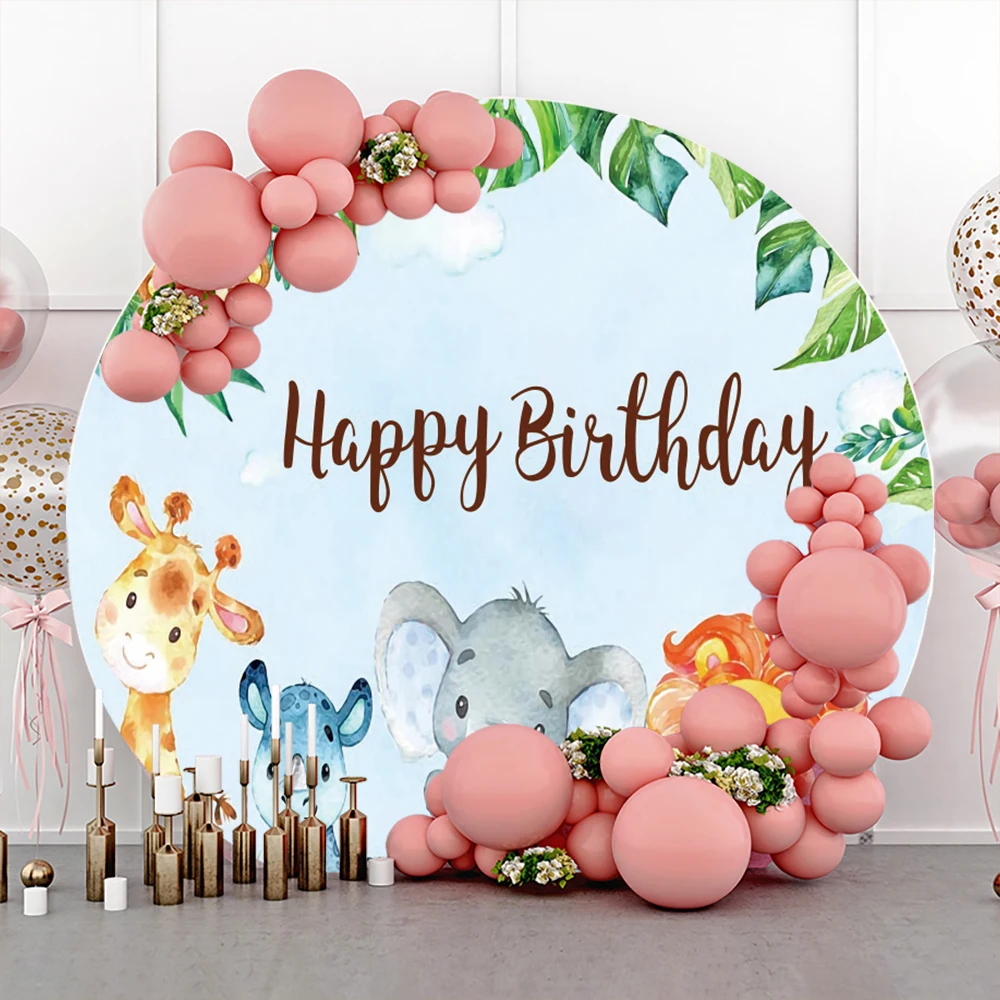 Laeacco Round Shape Elephant Wildlife Birthday Party Watercolor Personalized Poster Photozone Photo Background Photo Backdrops