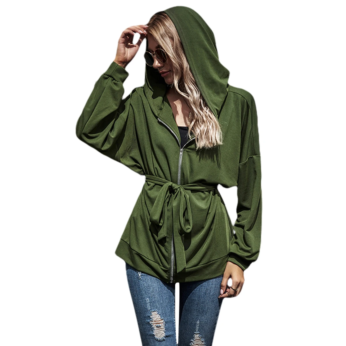 

Women coat Solid Color Cardigan Autumn Winter Bat Sleeve zipper Lace-up decoration Sport Hooded Coat long Wear-resistant tops