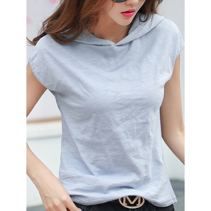 

Summer 2021 Women Short Sleeve Tops Hooded T-Shirts Female Casual Fashion Oversize Solid Color Streetwear Office Lady Pullover