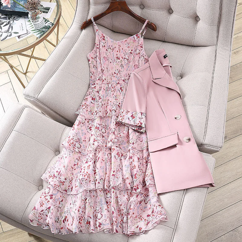 

Large Women's Dress Fat Mm Summer Dress Show Thin Cover Meat Suit Age Reduction Floral Suit Chiffon Suspender Dress Two Piece