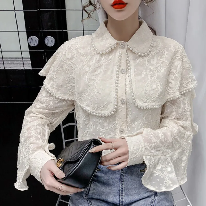 #2007 белые бежевые кружевные рубашки для женщин двухслойный воротник сексуальные