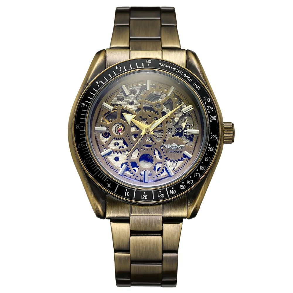 

2019 Winner Classic Bronze Metal Mechanical WristWatches New Fashion Men Stainless steel Automatic Skeleton Male Watches Relogio Masculino