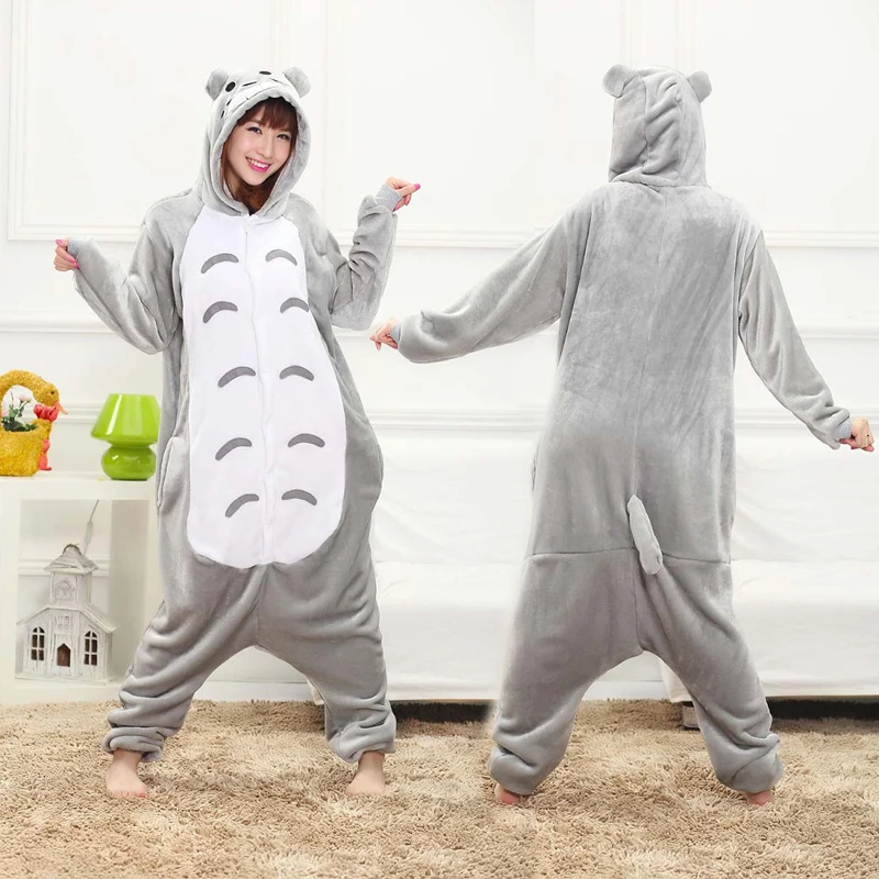 Totoro Зимняя теплая Пижама унисекс для женщин и мужчин с изображением животных, Стич тигра, единорога, комплекты одежды для сна с капюшоном - Цвет: Totoro