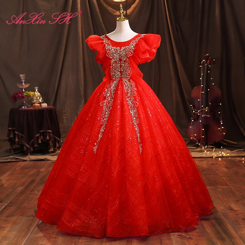 

AnXin SH vintage red lace golden flower o neck sparkly beading crystal ruffles ball gown princess party bride evening dress
