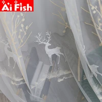 pastoral embroidery animal fawn forest transparent tulle voile bedroom drapes white living room window bay window curtains 3