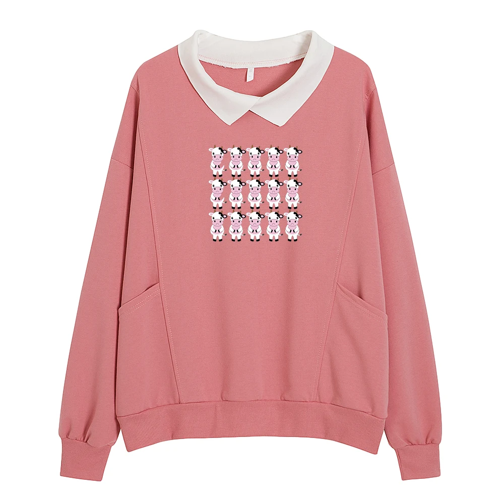 Pullover Tops Cute Turn-down Collar Sweetshirts Kawaii Hoodies Harajuku Cow Printed Women Autumn Full Sleeve Leisure Sweatshirts
