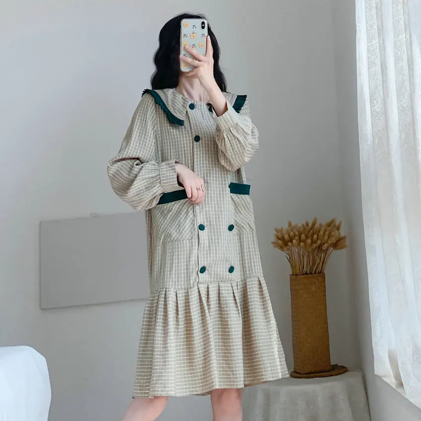 

2021 Spring Plaid Shirt Dresses Women Korean Style Pater Pan Collar Knee Length Long Sleeve Double-Breasted Straight Shirtdress