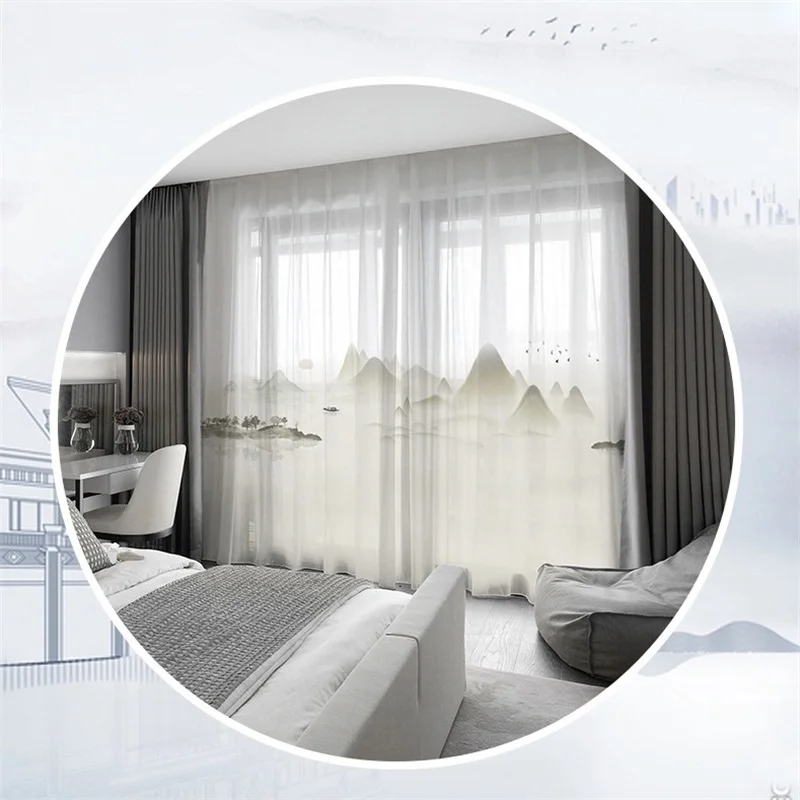 New Chinese Style 5D Digital Printed Desgin Window Screen Chiffon Fabric For Living Room Studyroom White Tulle AG 439#4 | Дом и сад