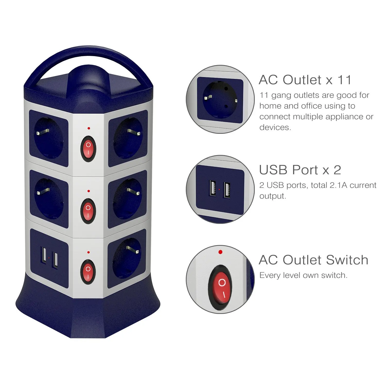 Блок питания Tower, USB розетки 7/11, AC, EU Розетка с USB 2 портами, индивидуально переключаемый выдвижной удлинитель 1,8 м/6 футов