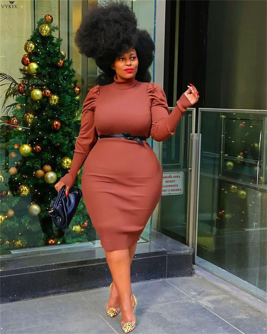 

Spring Plus Size Sexy Dresses Sheath Elastic Solid Long Puff Stand Collar Knee-length Dresses Ladies Womens Club Outfits Dresses
