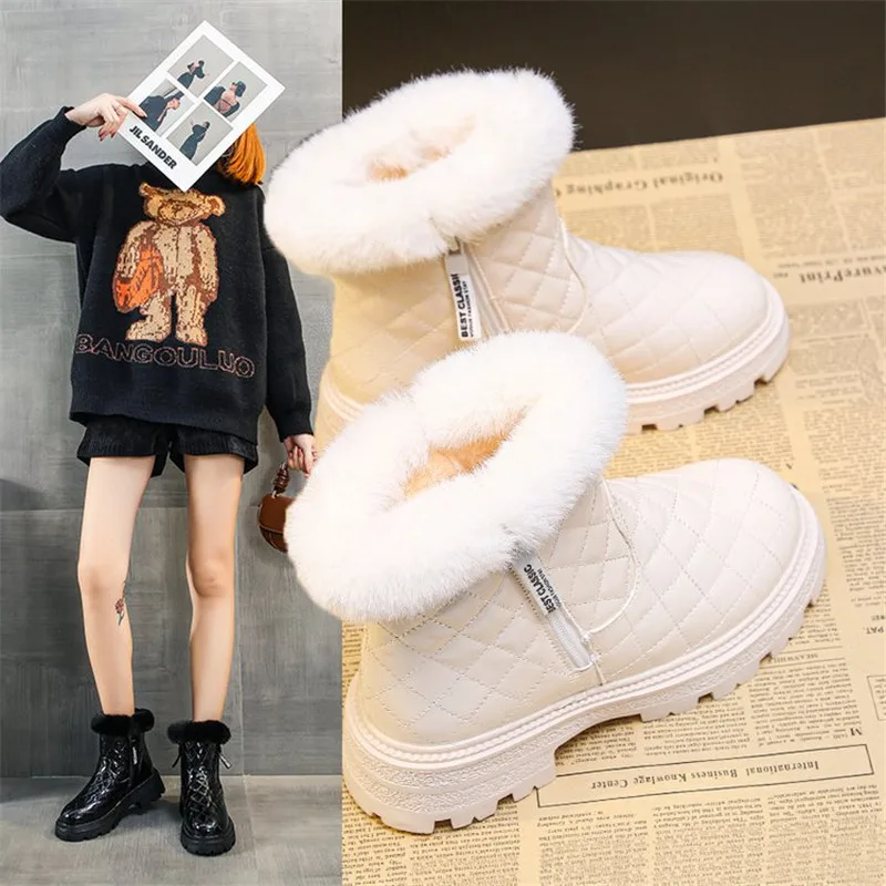 

Sweet College Style Women White Thick Plush Warm Ankle Boots Black White Platform Waterproof Female Snow Boots Botas Mujer