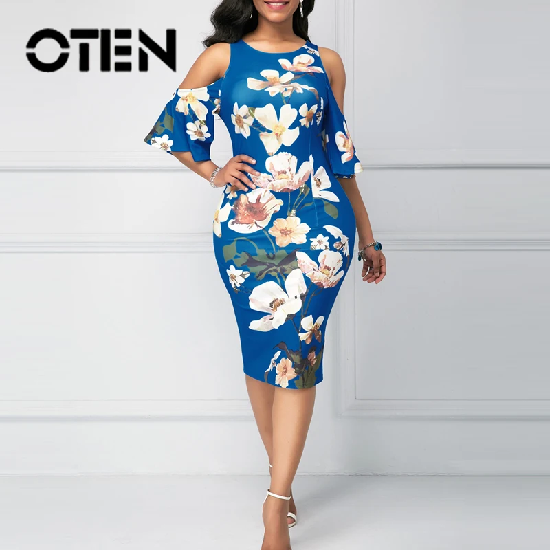 Осеннее женское платье OTEN с круглым вырезом 2019 разрезом и цветочным принтом