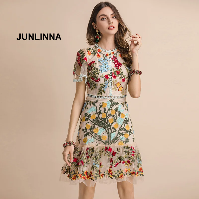 JUNLINNA Fashion Runway Summer Dress Women's Flare Sleeve Floral Embroidery Elegant Mesh Hollow Out Midi Vestidos A