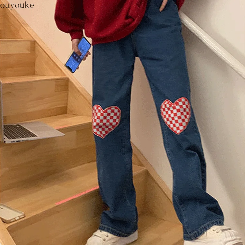 

2021women's jeans love lattice autumn new high waist jeans loose jeans Hip Hop Pants straight tube wide leg long pants Y2K pants