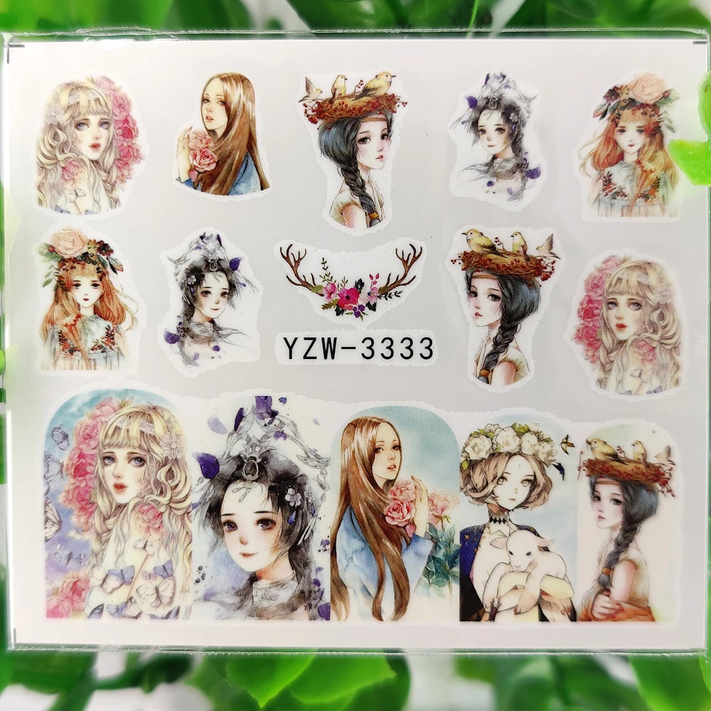

Beauty Rose Bird Water Nail Stickers Young Girl Long Hair Rabbit Flowers Manicure Sliders Decals Beautiful Woman Nail Decoration