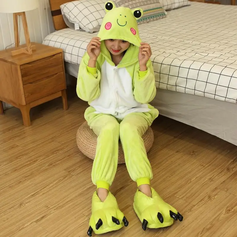 Light Green Frog FL Костюм животных единорога для взрослых девочек Детские ползунки «панда» кигуруми фланелевый стежок женский аниме-комбинезон Маскировка цельный костюм - Цвет: Light Green Frog FL