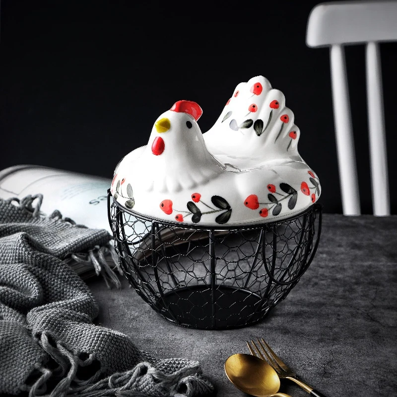 

Iron Egg Storage Basket Snack Fruit Basket Creative Collection Ceramic Hen Ornaments Decoration Kitchen Accessories