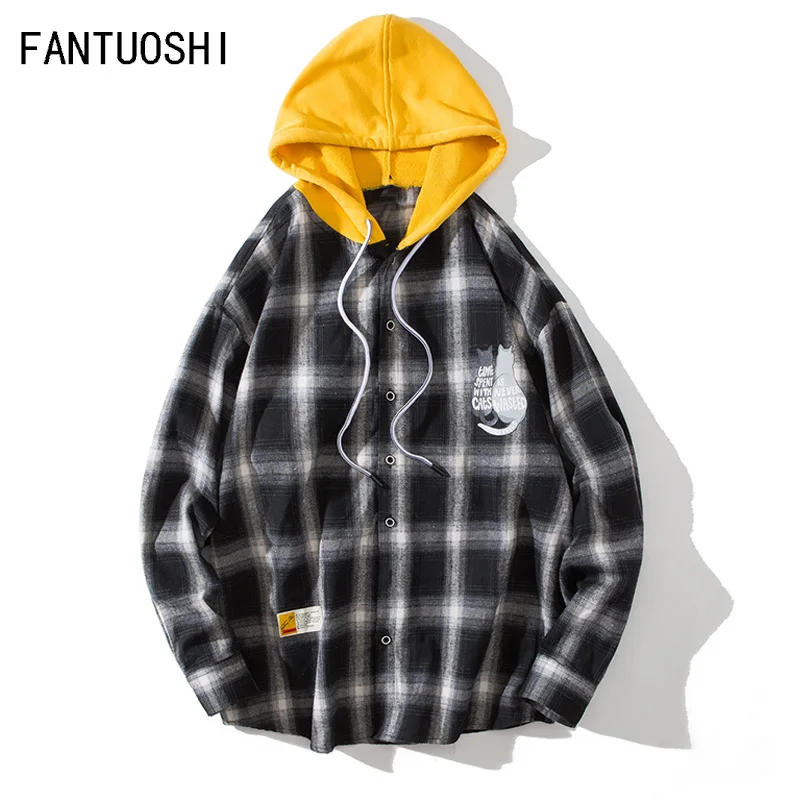 2019 Осенняя Новая мужская клетчатая рубашка модная Свободная с капюшоном