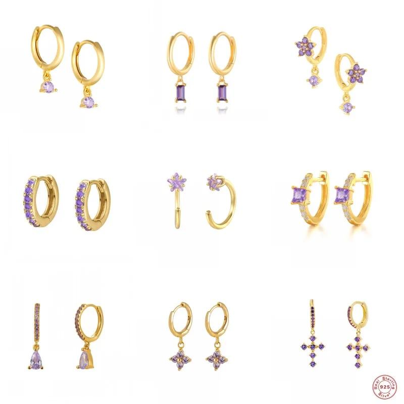 

CANNER 2021 Trend 925 Sterling Silver Hoop Earrings Romantic Purple Zircon Earring For Women Piercing Pendientes Crystal Jewerly