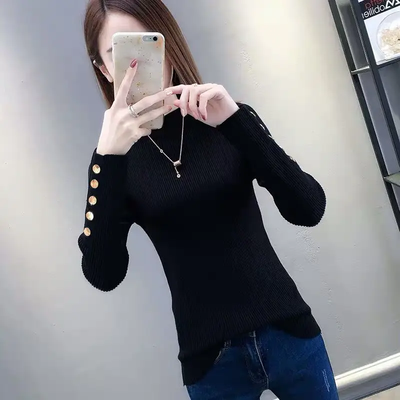 

HKCP Half Turtleneck Sweater Solid Fashion Pullover Elasticity Bottoming Button Womens Clothes Full Sleeves 2020 Winter New