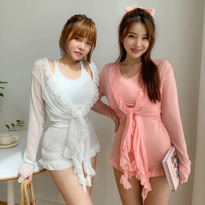 

Ruffled One Piece Swimsuit Women Solid Swimwear Gauze Smock Monokini Push Up Swim Suit Korea Lace Bathing Suit Pads Wireless