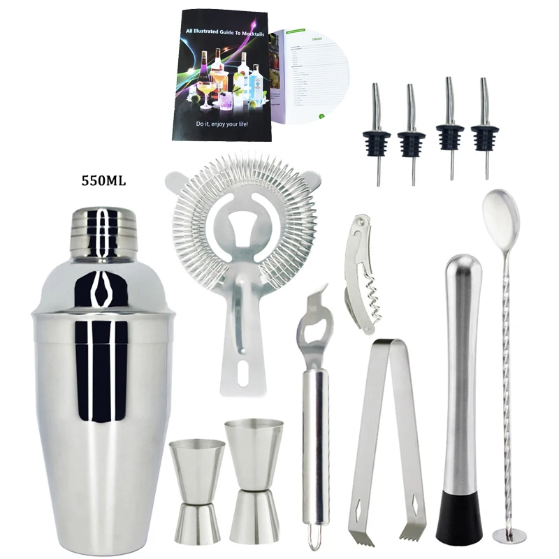 12Pcs 550ML Идеальный Нержавеющая сталь коктейльное барный шейкер набор с рецепты, набор барных принадлежностей с стильная подставка стенд - Цвет: 12Pcs 550ML