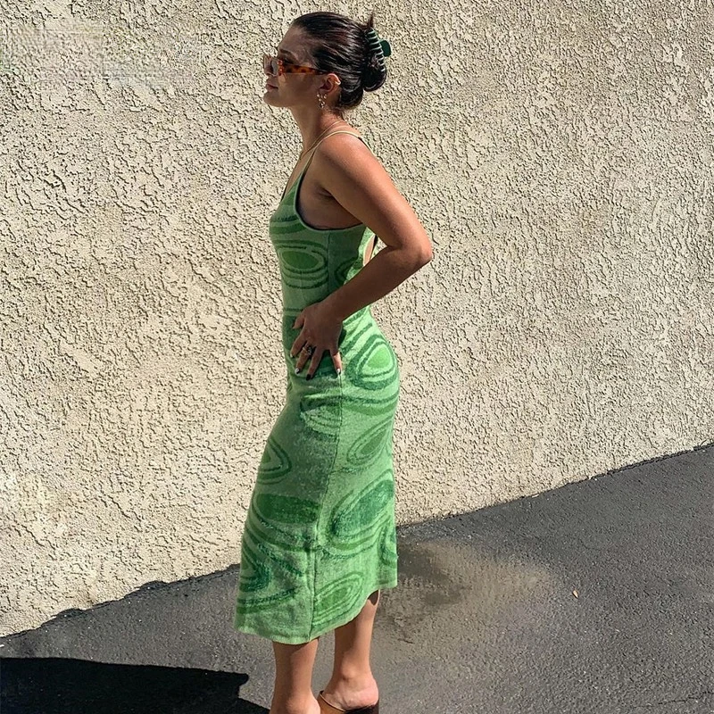 

2021 Print Knit Bodycon Dress Women Green Y2K Summer Hollow Out Sexy Sleeveless Spaghetti Strap Beach Midi Dresses Party