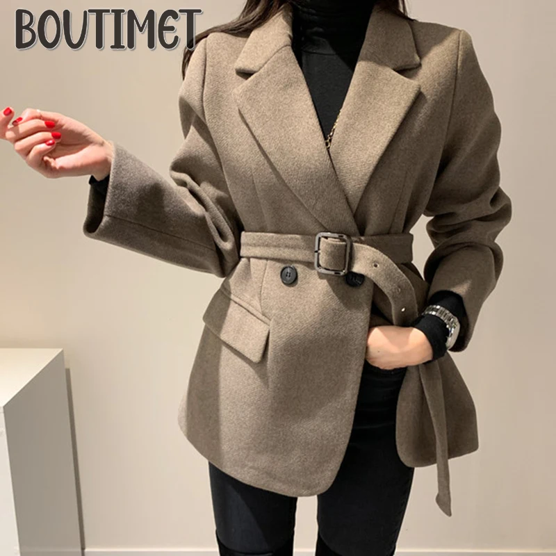 

2021 Women Autumn Winter Vintage Short Wool Coat Jacket Sashes Slim Waist A-line Woolen Overcoat Outwear