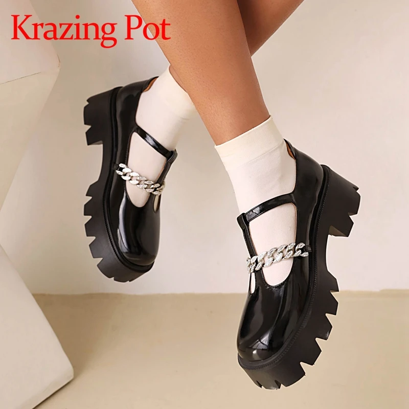 

Krazing Pot plus size 41 microfiber mary janes shoes round toe flat platform high heels chains buckle straps women pumps l8f6