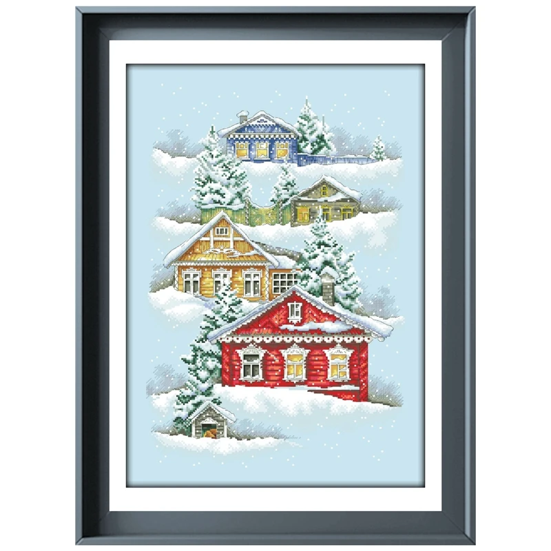 

Colorful houses in winter cross stitch kits snow flakes pattern design 18ct 14ct 11ct skyblue canvas embroidery DIY needlework