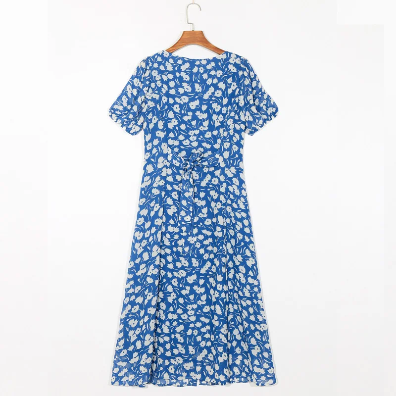 

RZIV Summer elegant midi chiffon holiday women's dress casual flower printed square collar short sleeve slim dress